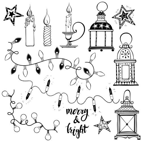 灯笼。矢量图 花环、灯笼、蜡烛、星星和白色背景上的Merry and Bright