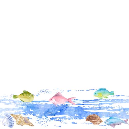 原创位图 水彩贝壳、小鱼、波浪，白色文字区域