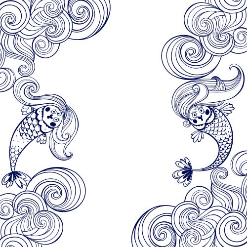 人鱼。矢量图 卡通美人鱼 海浪 白色文字区
