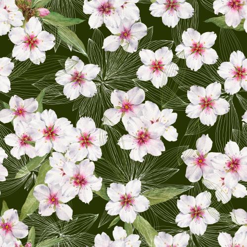  矢量图 绿色背景上的水彩杏花和图形叶子