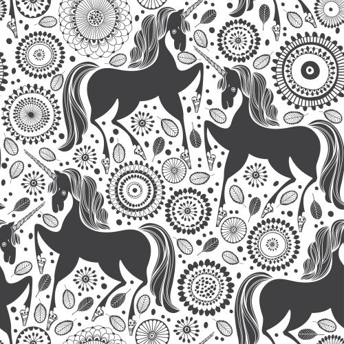 独角兽。矢量图 卡通独角兽、童话般的花朵和白色背景上的树叶