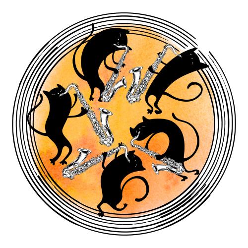 矢量图片 卡通黑色猫咪与萨克斯管在圆形水彩图案上