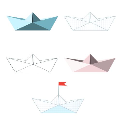 纸船。矢量图 纸船，五种不同的版本，白色背景上的孤立元素