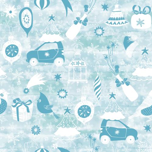 红衣主教鸟。矢量图 小树、红衣主教鸟、玩具、香槟、礼物、雪花和其他冬季节日的象征蓝色水彩