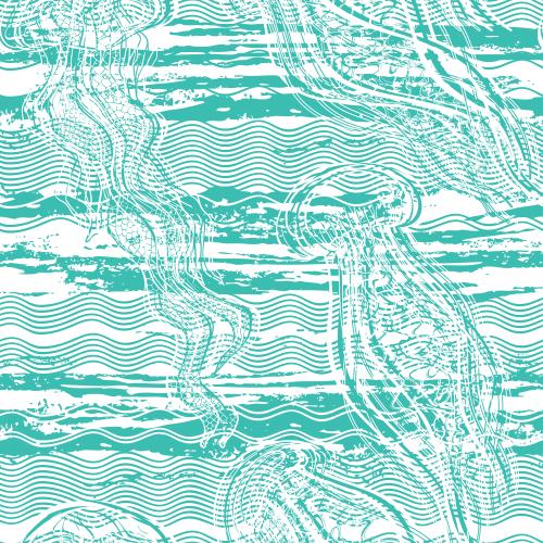 水母。矢量图 色彩海蜇与海浪白色背景