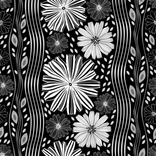 菊苣。矢量图 多种单色花朵、树叶和黑色背景上的波浪形竖条纹