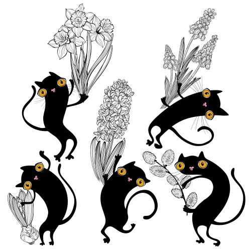 猫。矢量图 卡通风格黑猫配风信子、水仙、蓝壶花和柳枝