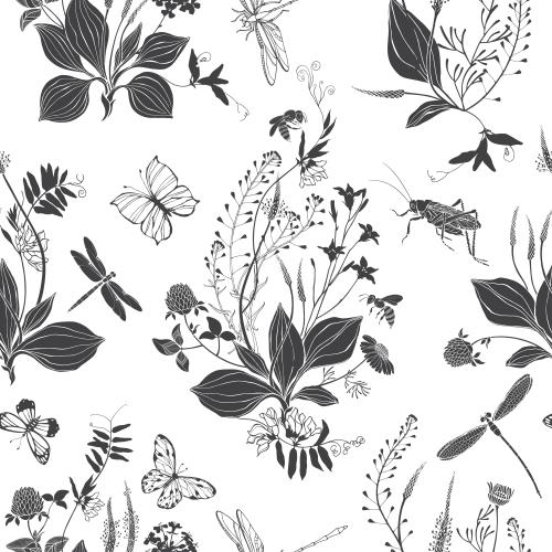 蜜蜂。矢量图 车前草, 独行菜, 洋甘菊, 三叶草, 野花, 蝴蝶, 蜜蜂, 蜻蜓, 蚱蜢 白色背景