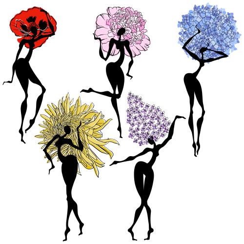 牡丹。矢量图 跳舞的花裙女子白色剪影