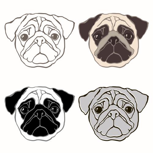 哈巴狗。矢量图 巴哥犬，四种纯白色版本