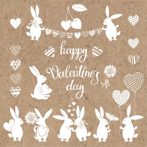 花环。矢量图 可爱的兔子、心形、气球和花环，印有“Happy Valentine's Day”字样，牛皮纸上的白色剪影