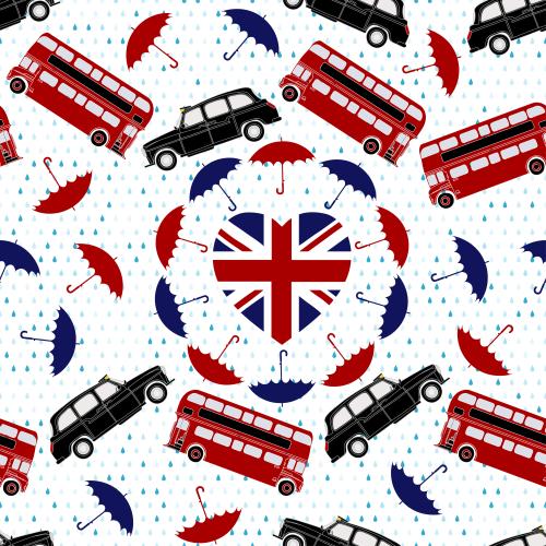 浪漫。矢量图 红色双层巴士-出租车-心形英国国旗-雨伞和雨滴图案白色背景