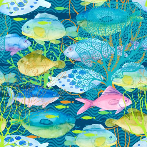 原创位图 动画风格水彩小鱼珊瑚海藻清澈的蓝色中的波浪