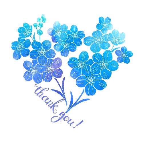 原创位图 水彩勿忘我，带有英文thank you字样，白色背景的心形图案组合