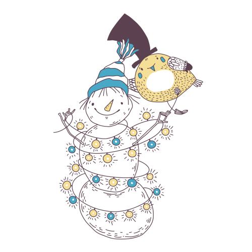 雪人。矢量图 卡通雪人和小鸟白色背景