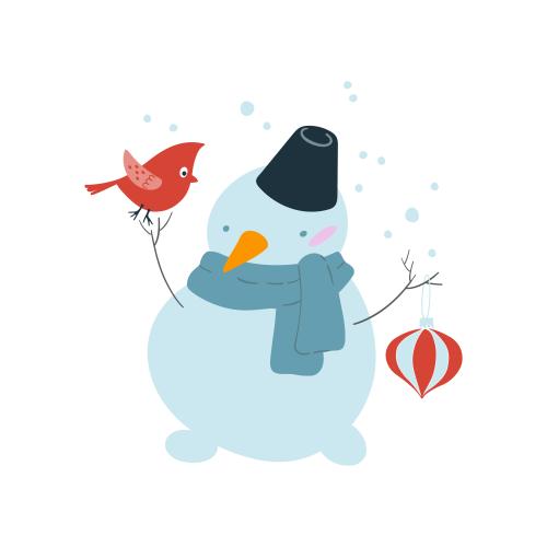 红衣主教鸟。矢量图 卡通雪人与小鸟和圣诞树装饰白色背景