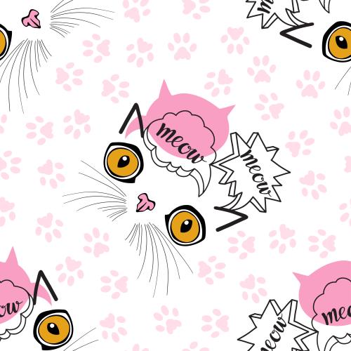 矢量图片 卡通猫脸图案带meow字样和白色背景上的爪印