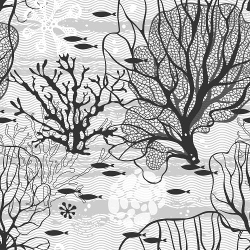 矢量图片 黑白水藻、珊瑚、小鱼、海洋生物和波浪
