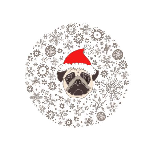 狗。矢量图 白色背景上戴新年帽的可爱小巴哥犬脸环绕雪花圈