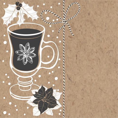 圣诞红。矢量图 热红酒杯 八角 一品红 冬青 雪 装饰绳带蝴蝶结 牛皮纸上的文字区