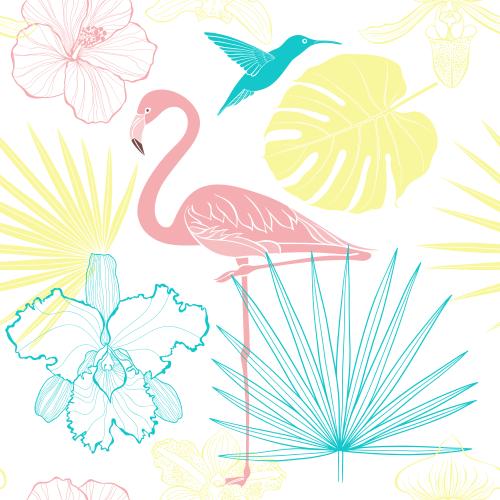 木槿花。矢量图 火烈鸟、蜂鸟、兰花、木槿花、棕榈叶白色背景