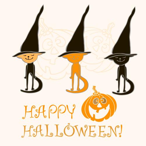 猫。矢量图 三只戴着女巫帽的猫、南瓜灯和“Happy Halloween”字样