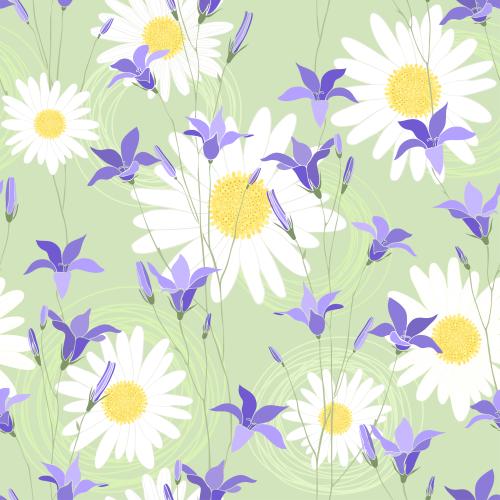 铃兰。矢量图 洋甘菊、蓝钟花、装饰圆圈绿色背景