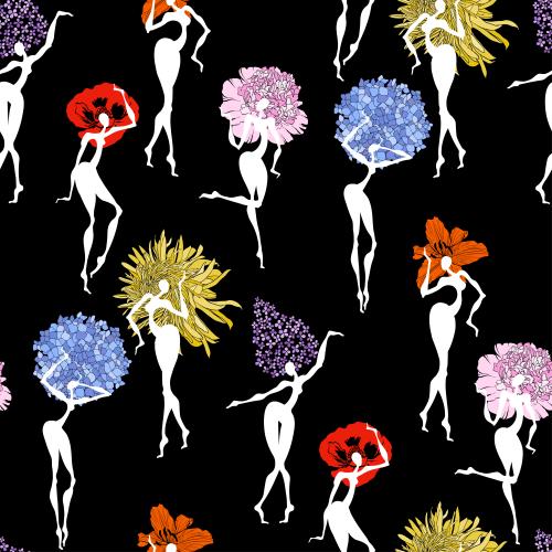 牡丹。矢量图 黑底女性花卉