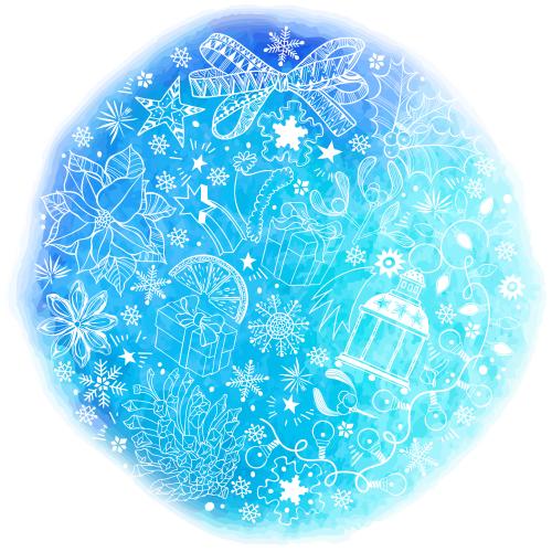 圣诞红。矢量图 蓝色水彩上的冬季节日符号环绕成圆形