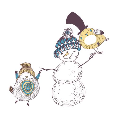 雪人。矢量图 卡通雪人和小鸟在白色背景