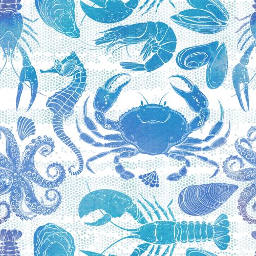 小龙虾。矢量图 海马,章鱼,螃蟹,贻贝,牡蛎,龙虾,小龙虾,虾,贝壳,水彩剪影在白色马赛克上