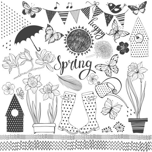 昆虫。矢量图 春日主题元素集合，白色背景上标有Happy Spring