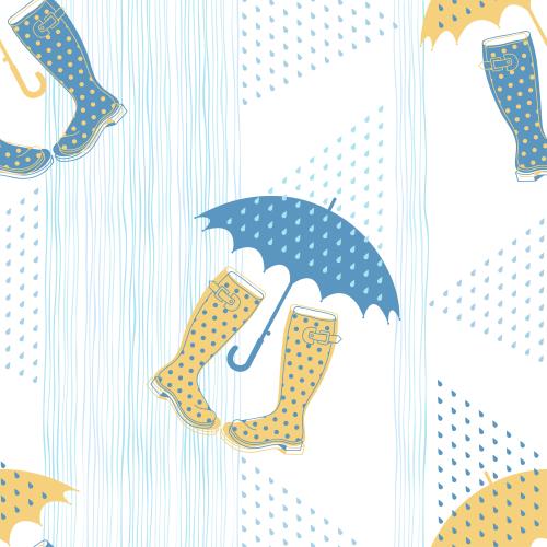 矢量图片 靴子、雨伞、雨点在白色上