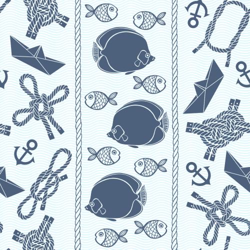 海用绳子。矢量图 蓝色轮廓为热带鱼、海洋绳结、锚、纸船，置于蔚蓝波浪上