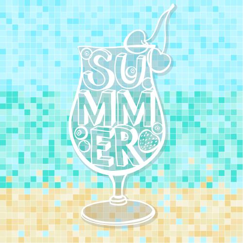 海滩。矢量图 夏日马赛克风格海边风情鸡尾酒