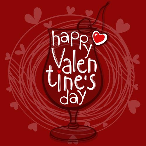 爱情。矢量图 带Happy Valentines Day字样鸡尾酒杯红色心形图案圆圈