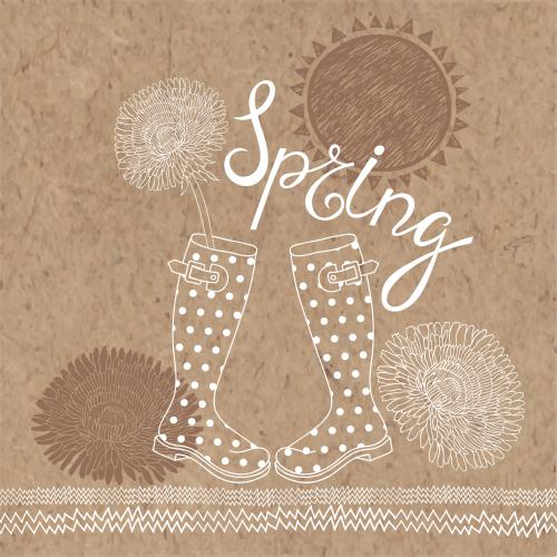 蒲公英。矢量图 春日带橡胶靴、蒲公英、太阳和spring字样的卡纸组合