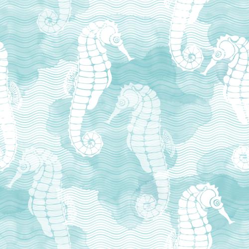 矢量图片 海马、蓝色水彩上的波浪