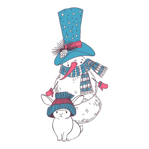 雪人。矢量图 卡通雪人戴高帽，可爱兔子戴帽子白色背景