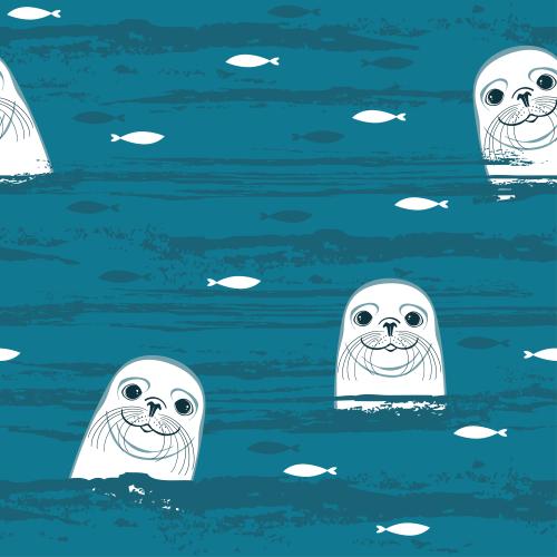 海豹。矢量图 可爱的海豹、小鱼、蓝底立体波浪