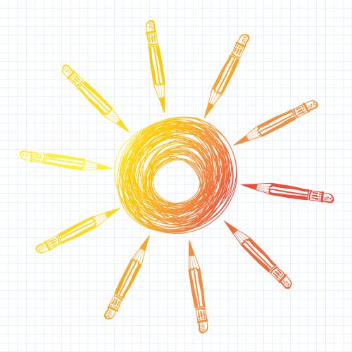 太阳。矢量图 抽象化的带有射线的由彩色铅笔制成的太阳