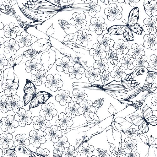 昆虫。矢量图 鸟、蝴蝶和花朵在白色背景上