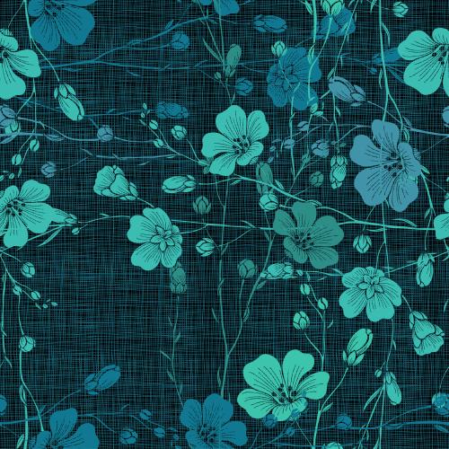 格子花纹。矢量图 亚麻枝条带花朵和花蕾深色底配小格纹