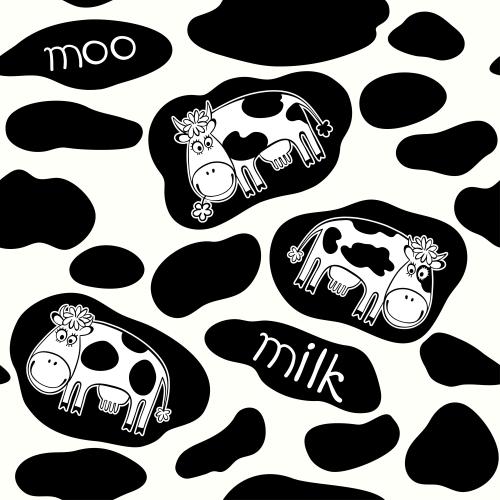 奶牛。矢量图 可爱的卡通牛，黑色装饰斑点，白色背景上印有“moo”和“milk”字样