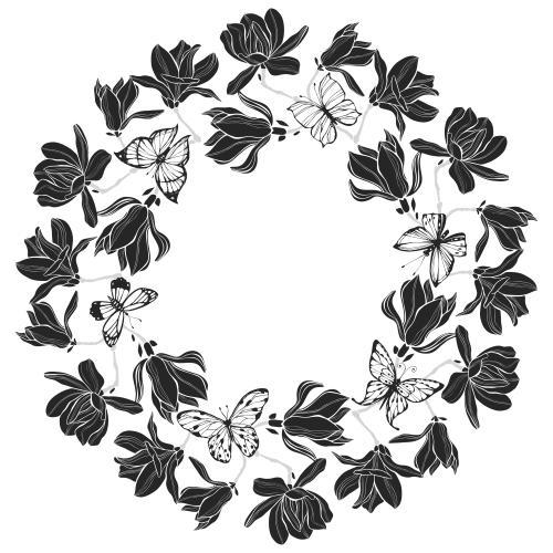 木兰。矢量图 木兰花与蝴蝶，白色背景圆形画框