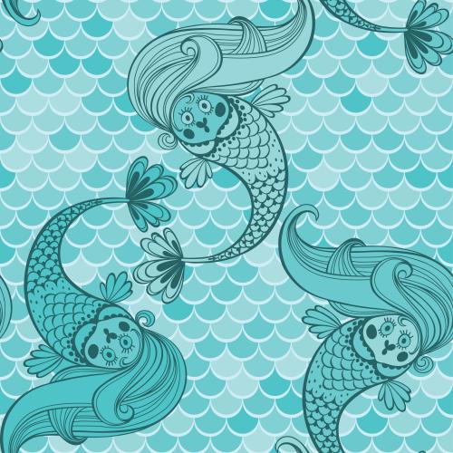 人鱼。矢量图 卡通美人鱼在波浪上