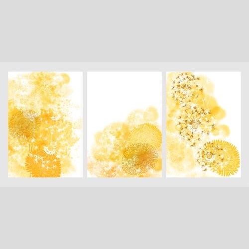 贺卡。矢量图 三张带蒲公英的黄色水彩背景明信片