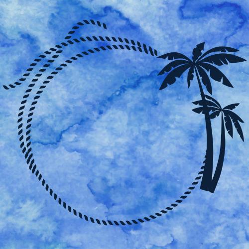 水彩风格。矢量图 圆框海缆相框 水彩蓝色背景棕榈图案