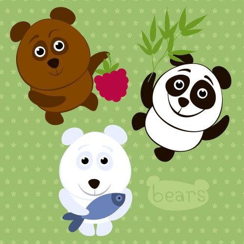 覆盆子。矢量图 棕色、白熊和熊猫，卡通风格孤立角色在绿色花图案上