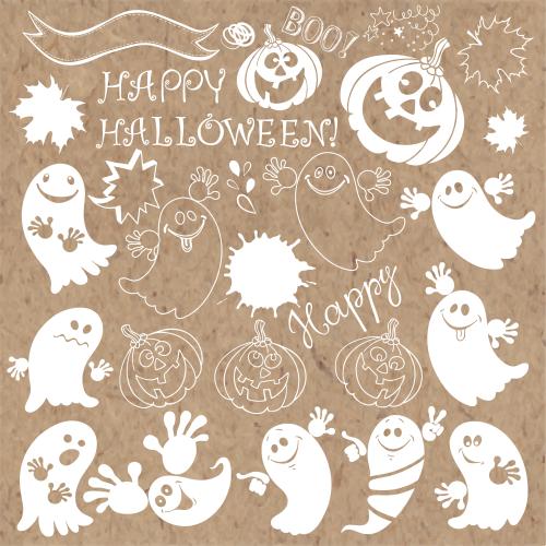 鬼魂。矢量图 可爱的幽灵、有趣的南瓜、Happy Halloween文字及其他万圣节符号手工艺品